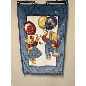 Blue Jean Teddy Bear Plush Fleece Baby Blanket Balloons Boy Girl Vintage - flaws